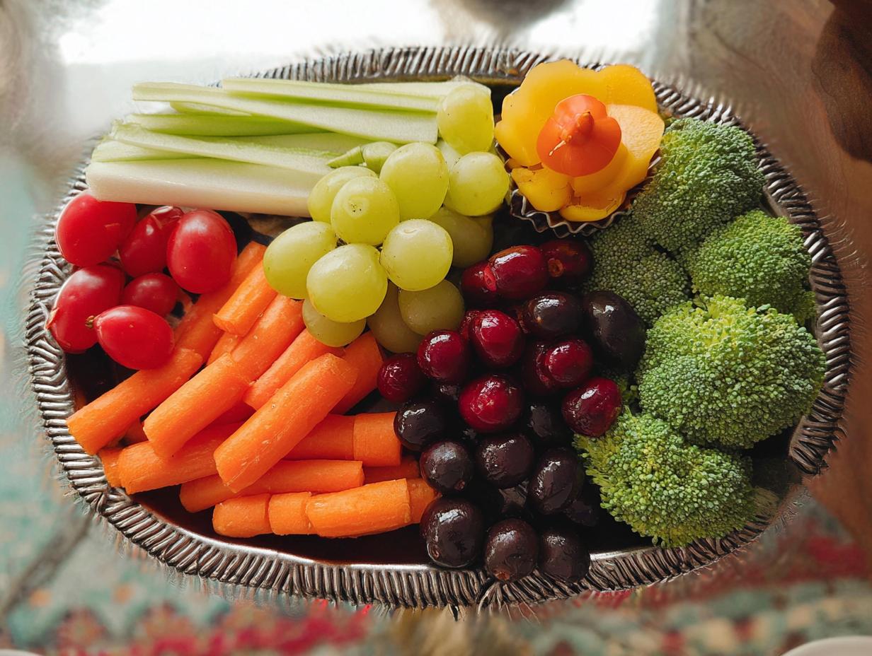 A festive 5-Ingredient Thanksgiving Veggie Tray featuring broccoli, grapes, carrots, tomatoes, and celery.