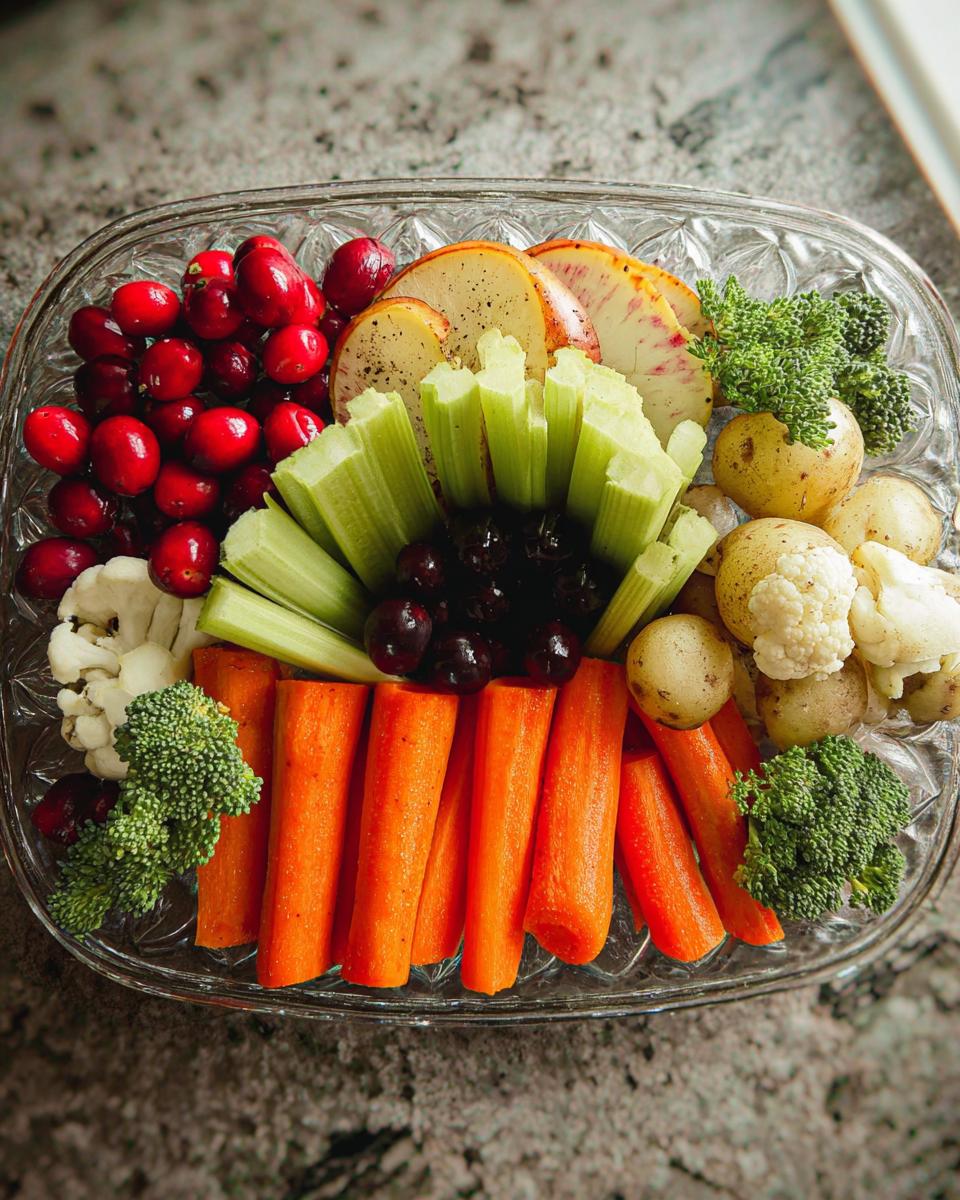 A vibrant 5-Ingredient Thanksgiving Veggie Tray featuring carrots, celery, broccoli, cauliflower, potatoes, cranberries, and apple slices.