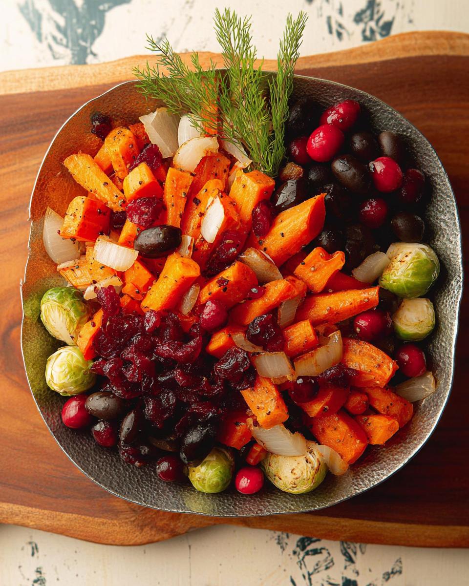 A colorful 5-Ingredient Thanksgiving Veggie Tray featuring roasted carrots, Brussels sprouts, olives, and cranberries.