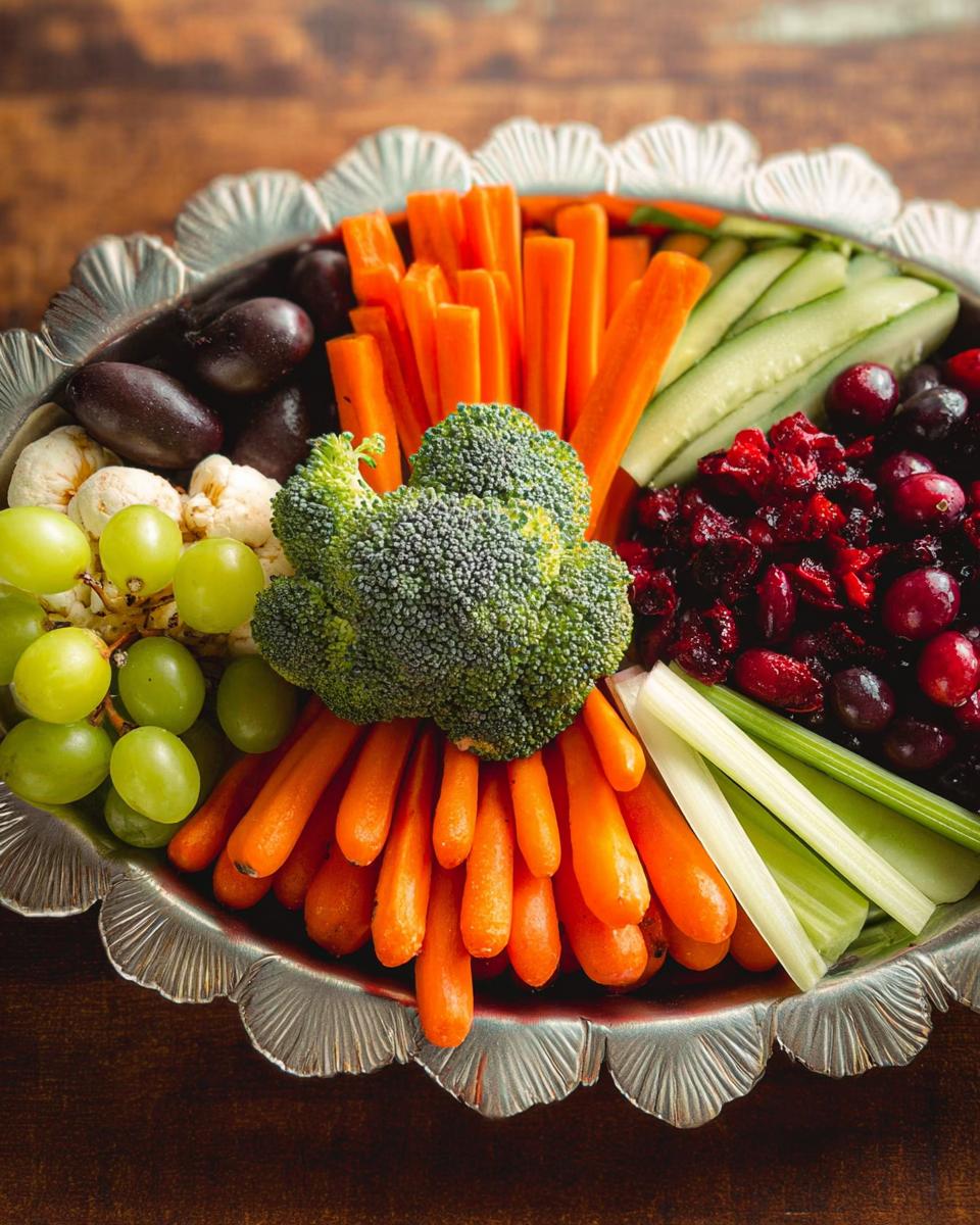A colorful 5-Ingredient Thanksgiving Veggie Tray filled with broccoli, carrots, cucumber, grapes, cranberries, and olives.