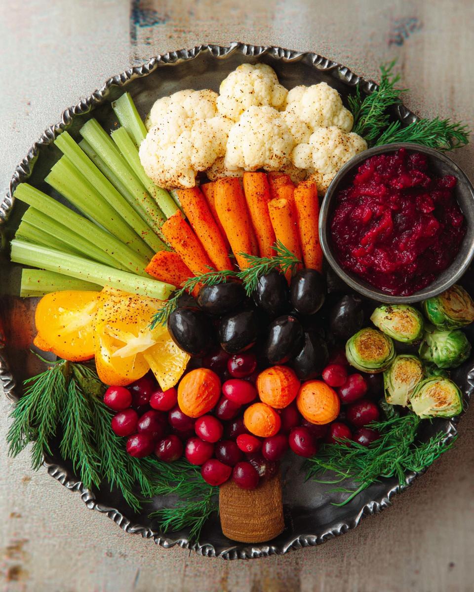 A festive 5-Ingredient Thanksgiving Veggie Tray arranged in the shape of a Christmas tree, featuring vegetables and cranberry sauce.