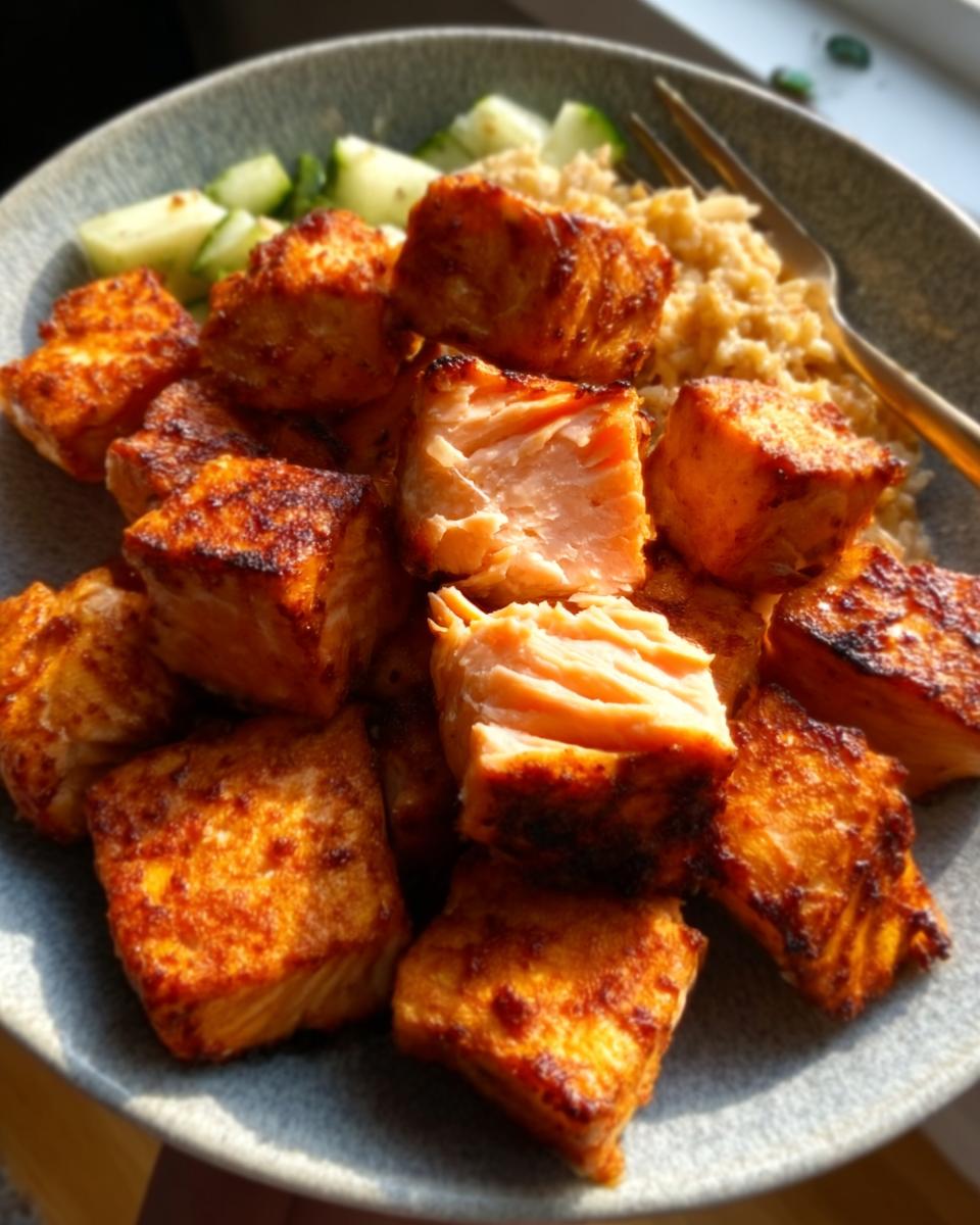 Close-up of crispy Air Fryer Salmon bites served over brown rice with diced cucumbers.