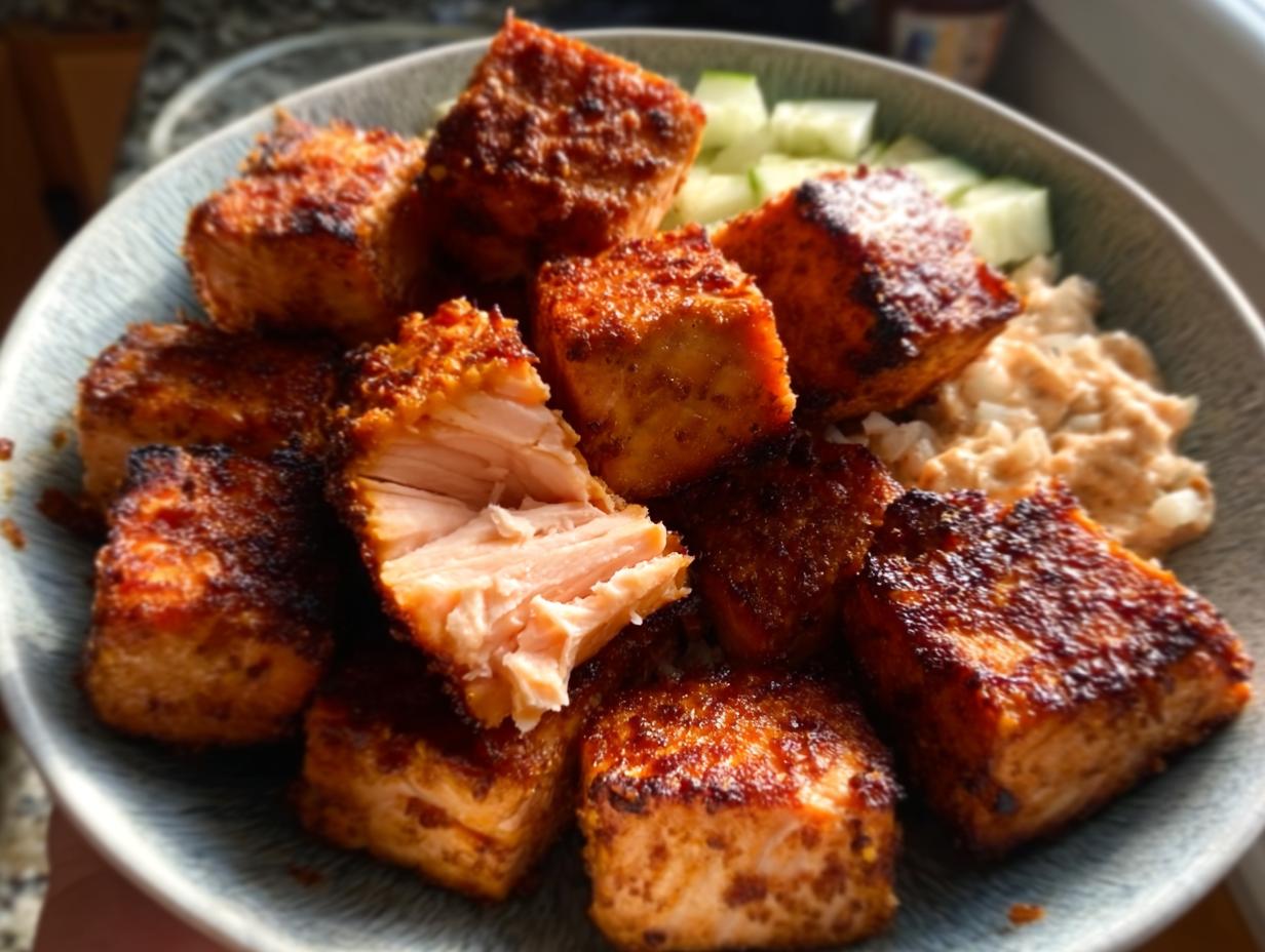 Close-up of crispy Air Fryer Salmon bites served in a bowl over rice with cucumber pieces.