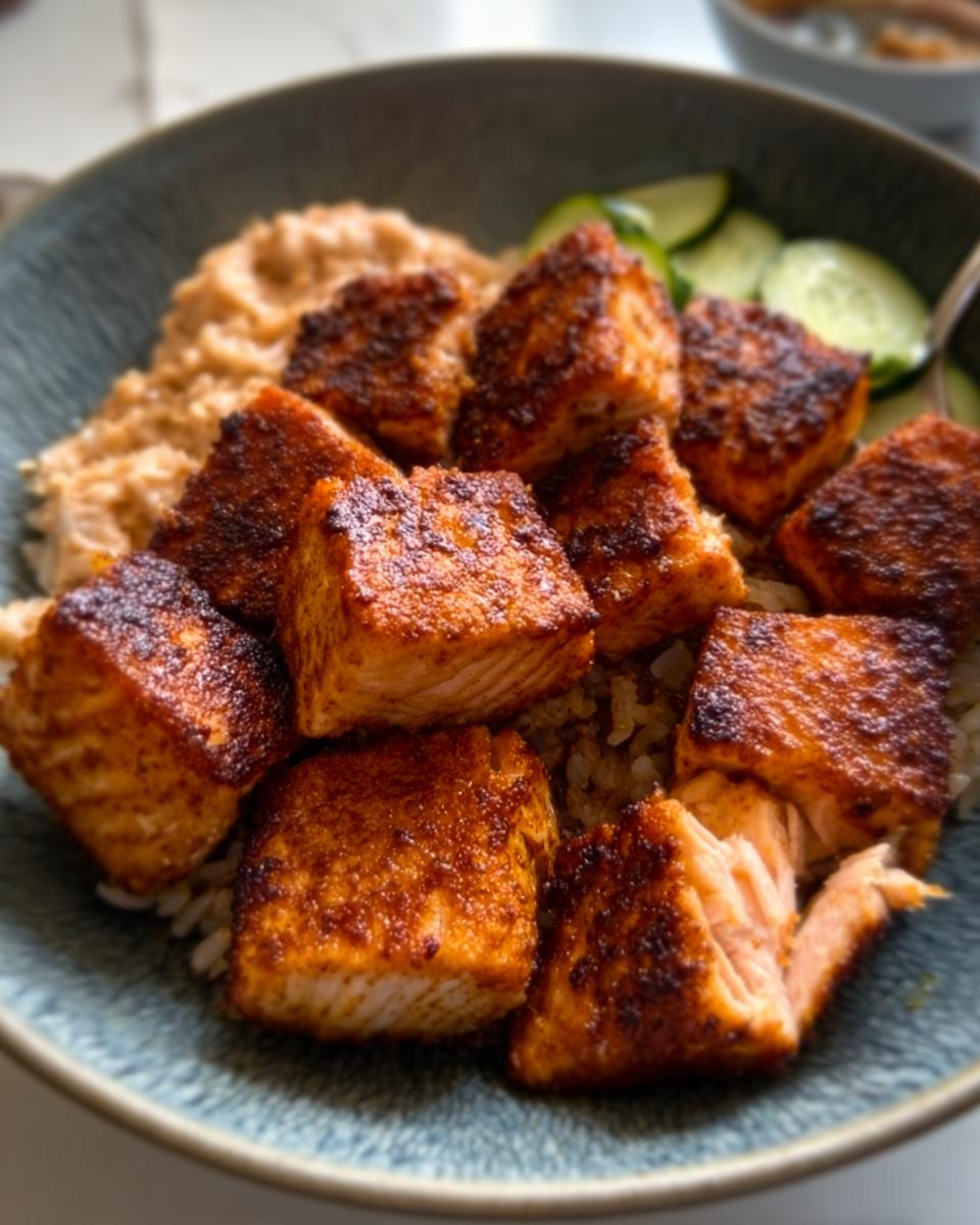Close-up of seasoned, crispy-edged Air Fryer Salmon cubes served over rice with cucumber slices.
