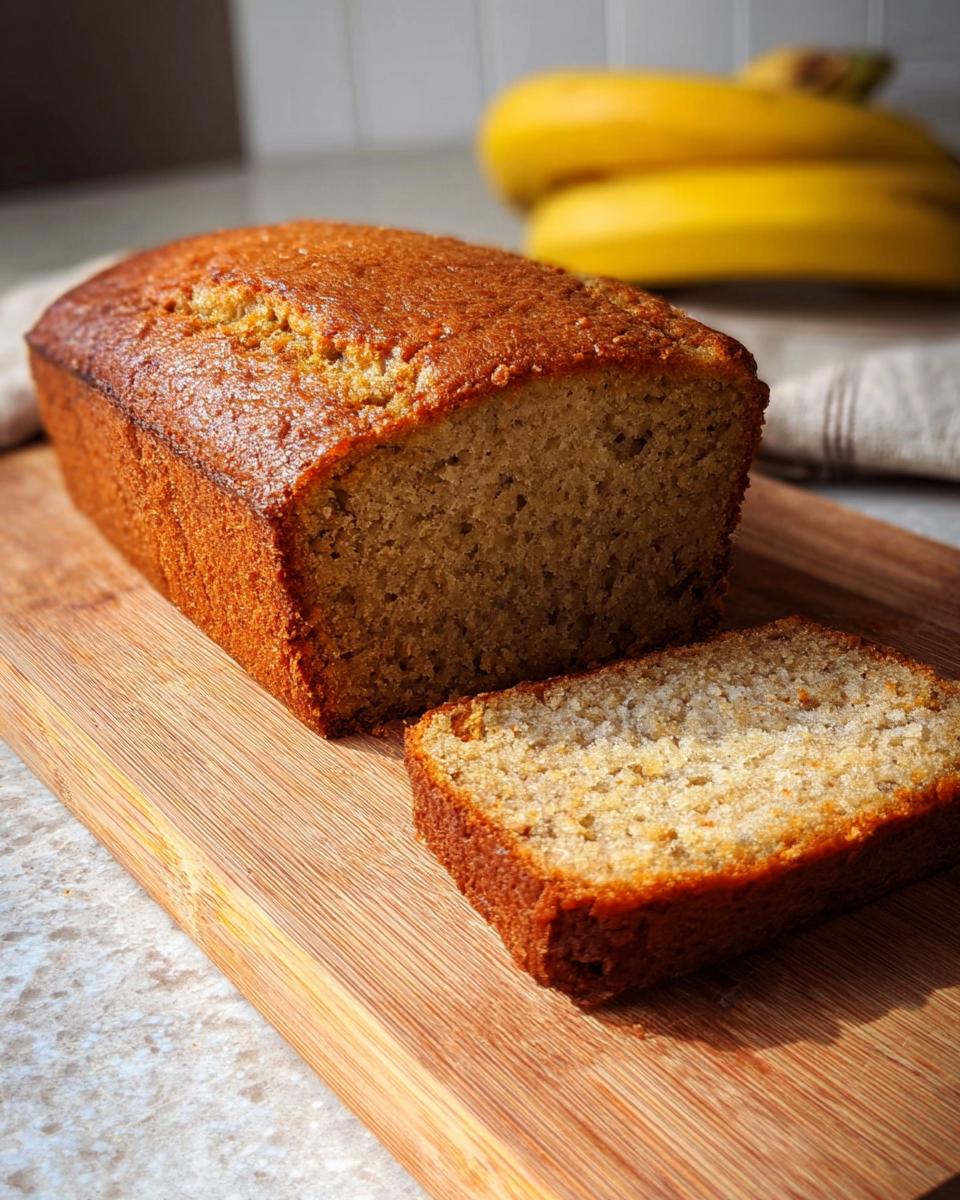 A loaf of moist banana bread, with one slice cut and placed on a wooden board.