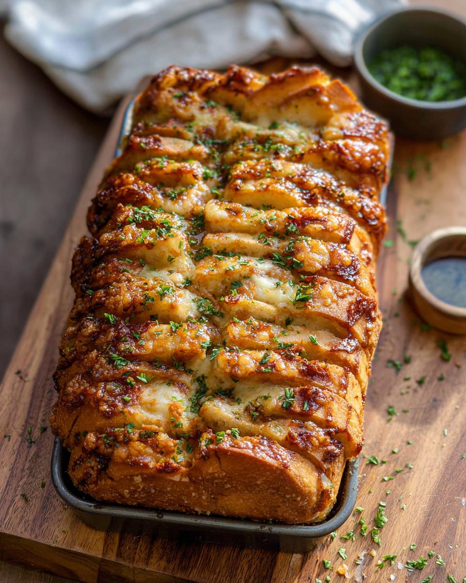 A freshly baked loaf of Cheesy Pull-Apart Bread, golden brown and topped with melted cheese and fresh parsley.