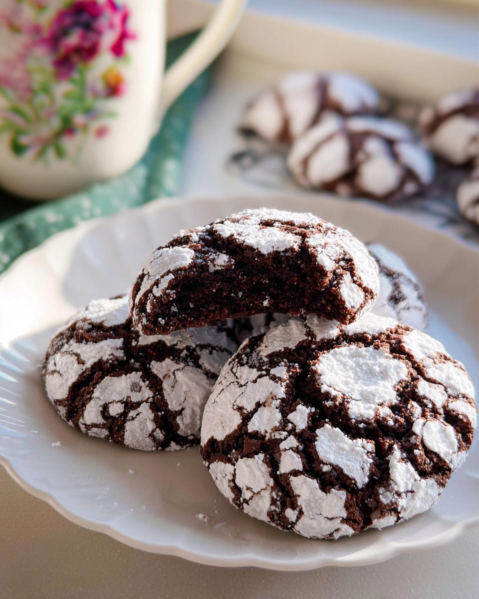 Three fudgy Chocolate Crinkle Cookies dusted heavily with powdered sugar, one broken open to show the interior.