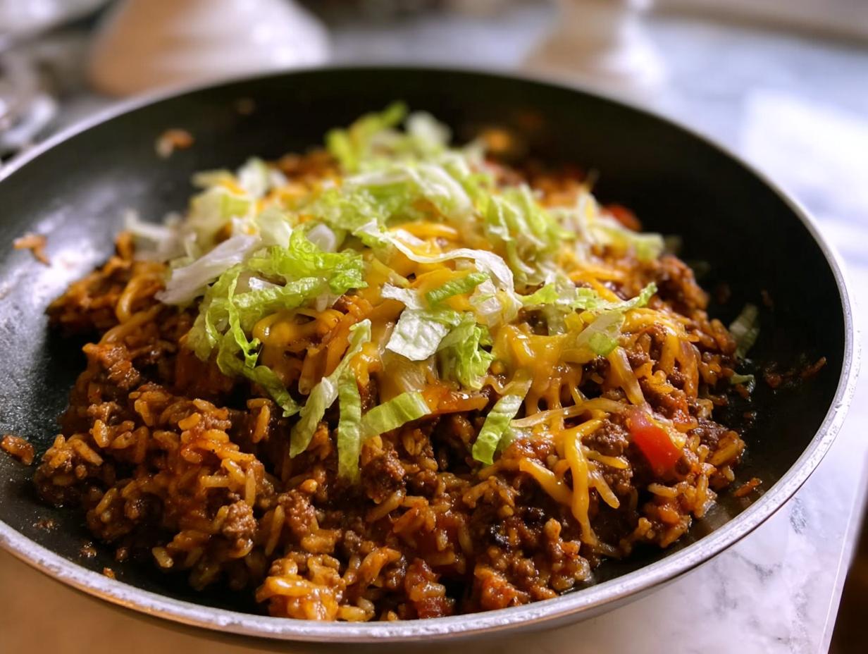Close-up of a hearty Taco Skillet with seasoned ground beef, rice, melted cheese, and shredded lettuce.