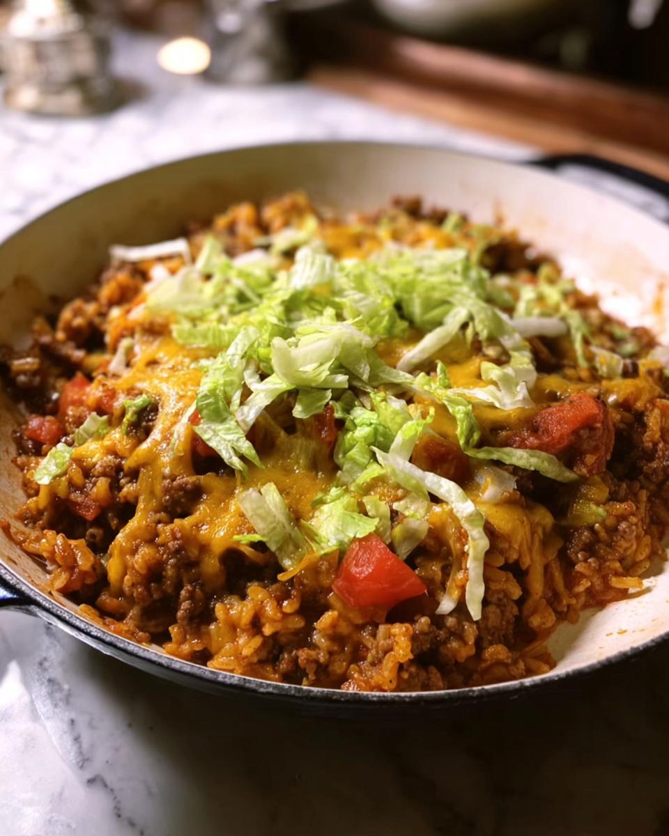 Close-up of a finished Taco Skillet in a white pan, topped with melted cheddar cheese, diced tomatoes, and shredded lettuce.