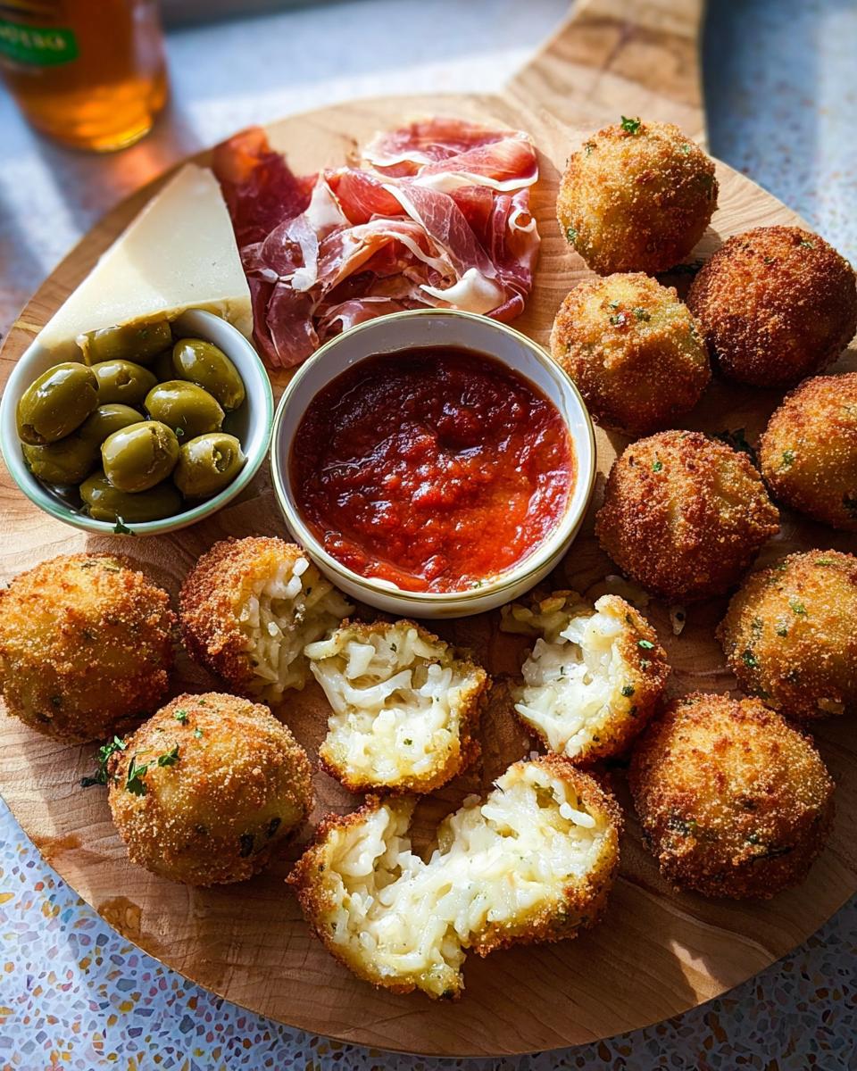 Golden fried Arancini balls served on a wooden board with prosciutto, cheese, olives, and marinara sauce for an elegant New Year’s Eve Dinner Menu.