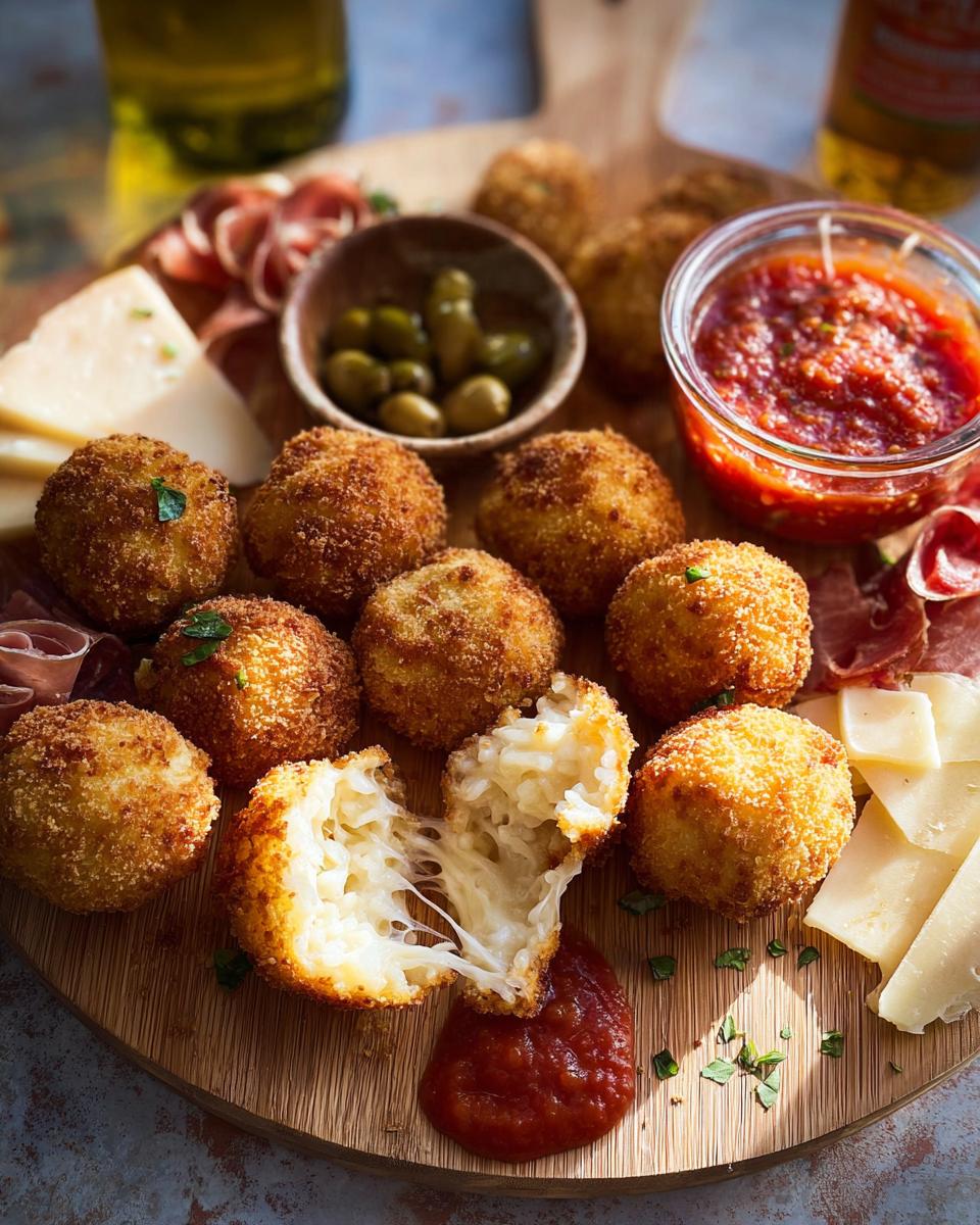 Golden fried arancini balls served with prosciutto, olives, and marinara sauce for an elegant New Year’s Eve Dinner Menu.