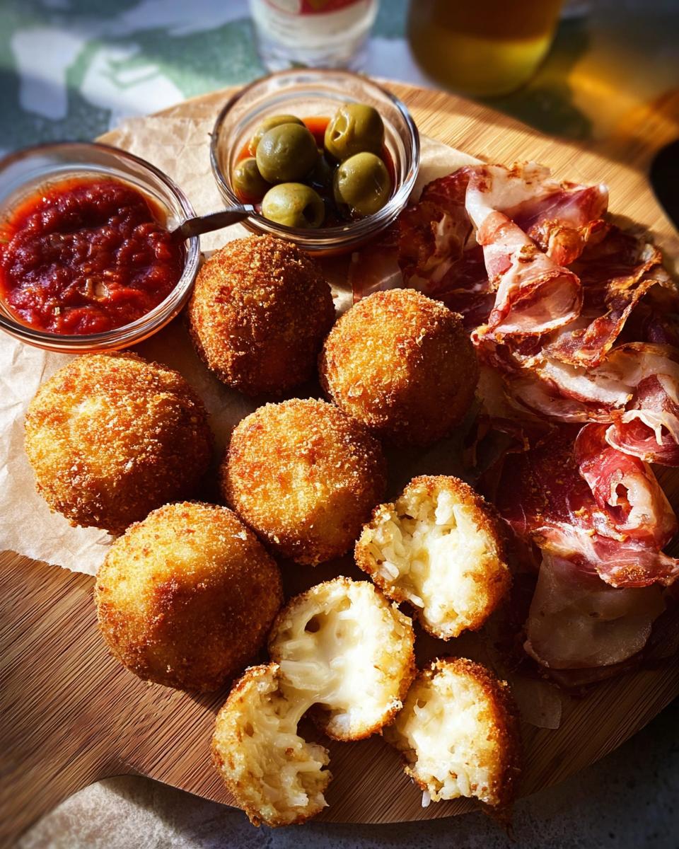 Golden fried Arancini balls served on a wooden board as an elegant appetizer for a New Year’s Eve Dinner Menu.