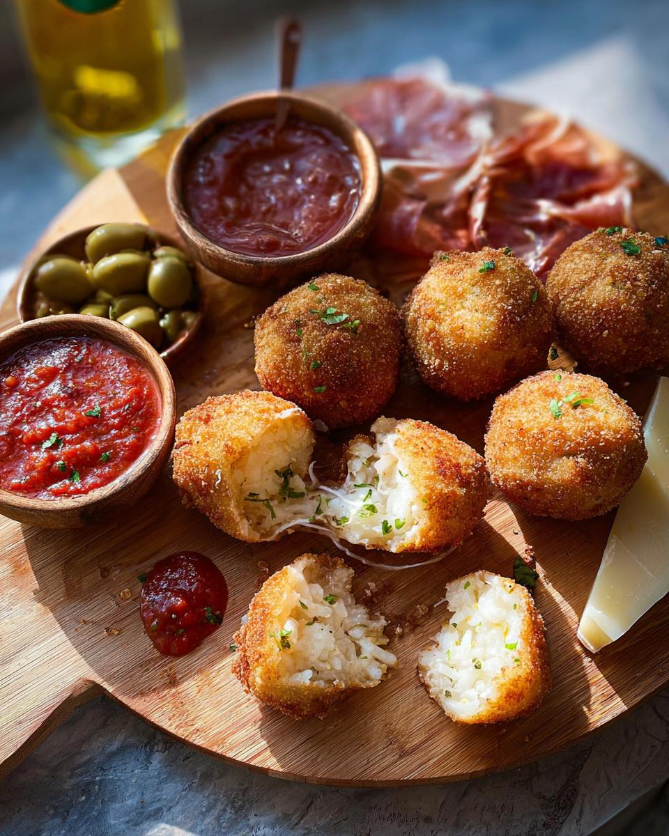 Golden fried Arancini balls served on a wooden board as an elegant appetizer for a New Year’s Eve Dinner Menu.