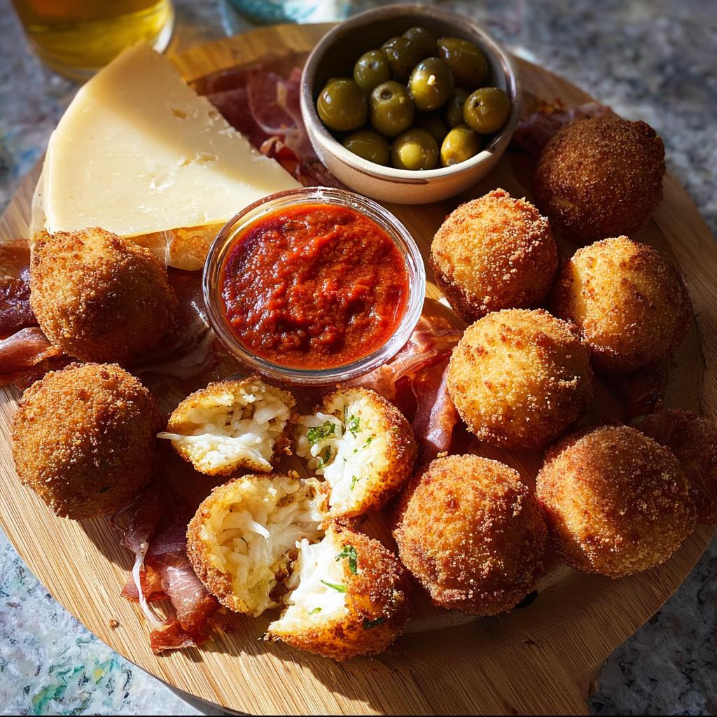 Golden fried arancini balls served with marinara sauce, cheese, and olives on a wooden board for a New Year’s Eve Dinner Menu.