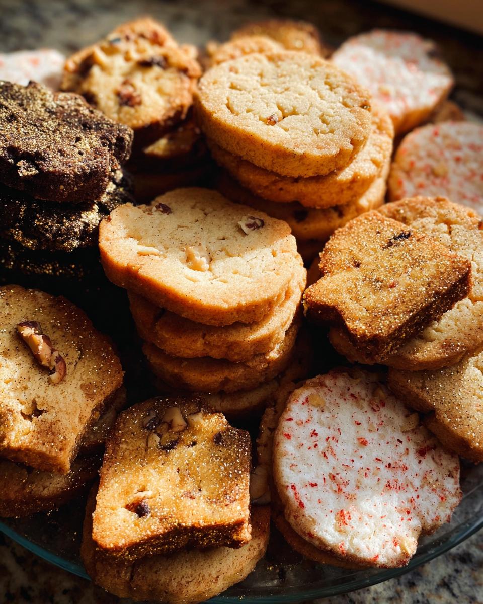 A close-up of assorted Gold-Dusted Shortbread cookies, including plain, chocolate, and peppermint varieties.