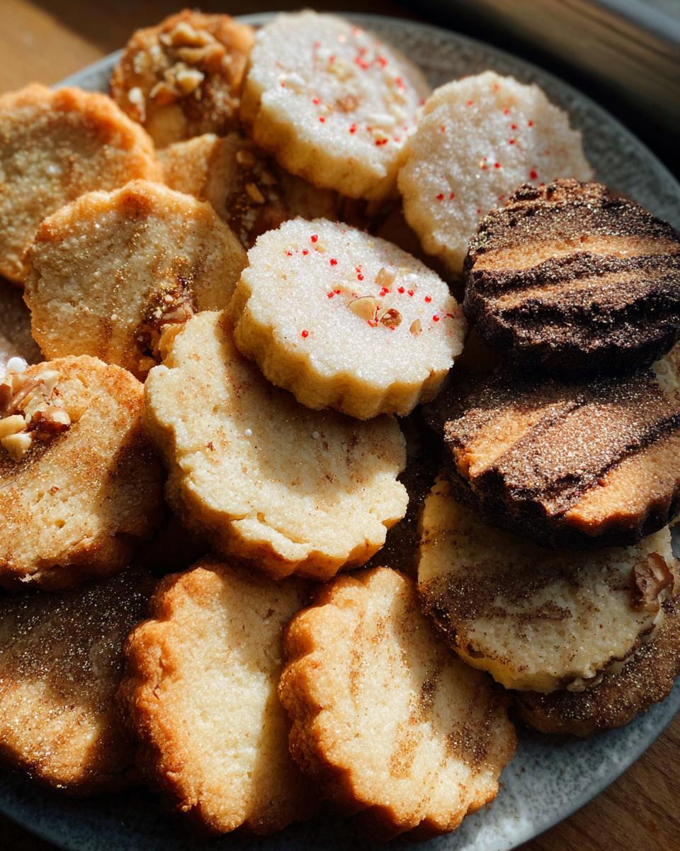 A close-up of assorted Gold-Dusted Shortbread cookies, some plain, some topped with sugar, nuts, or chocolate swirls.