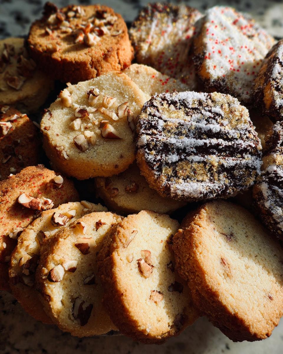 A close-up of assorted Gold-Dusted Shortbread cookies decorated with nuts, chocolate drizzle, and sprinkles.
