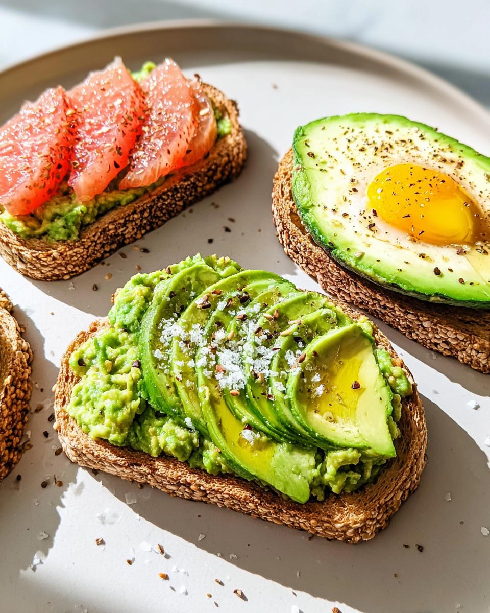 Close-up of three different healthy Avocado Toast variations on a plate, including sliced avocado, grapefruit, and an egg.