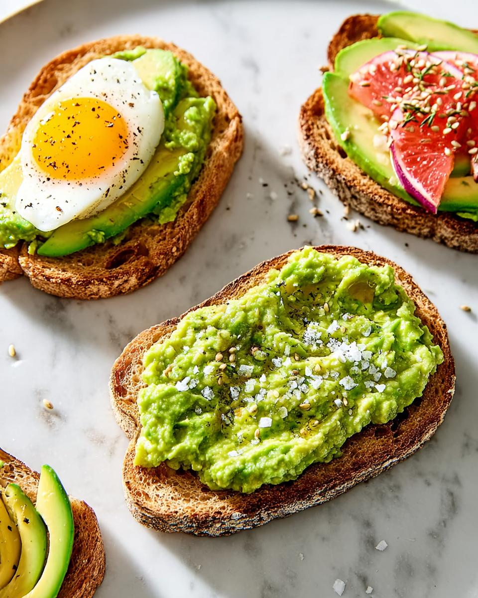Close-up of three different styles of Avocado Toast 5 Ways, including one with a fried egg and one with grapefruit.