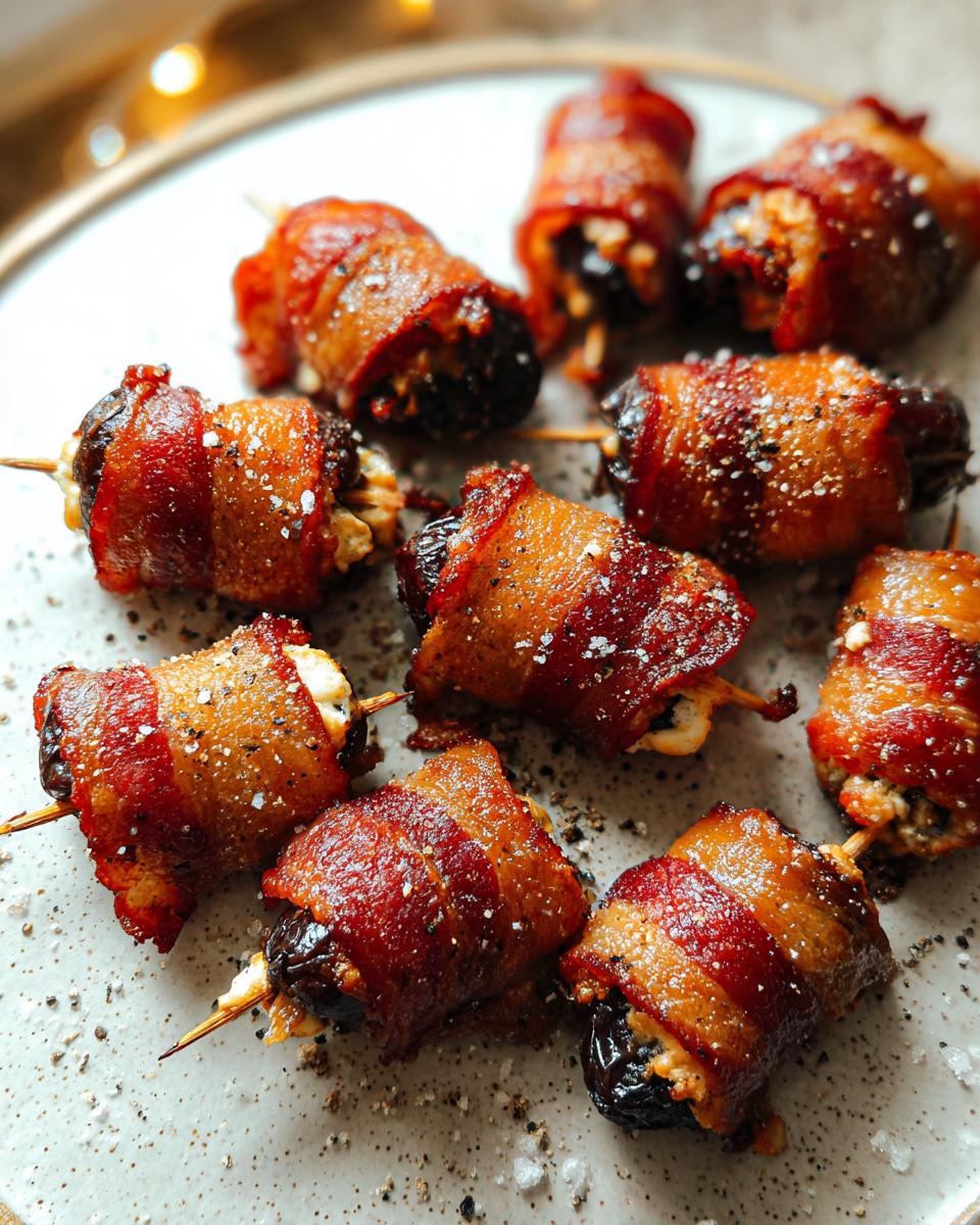 Close-up of several crispy, glazed Bacon-Wrapped Dates skewered on toothpicks, sprinkled with sea salt.