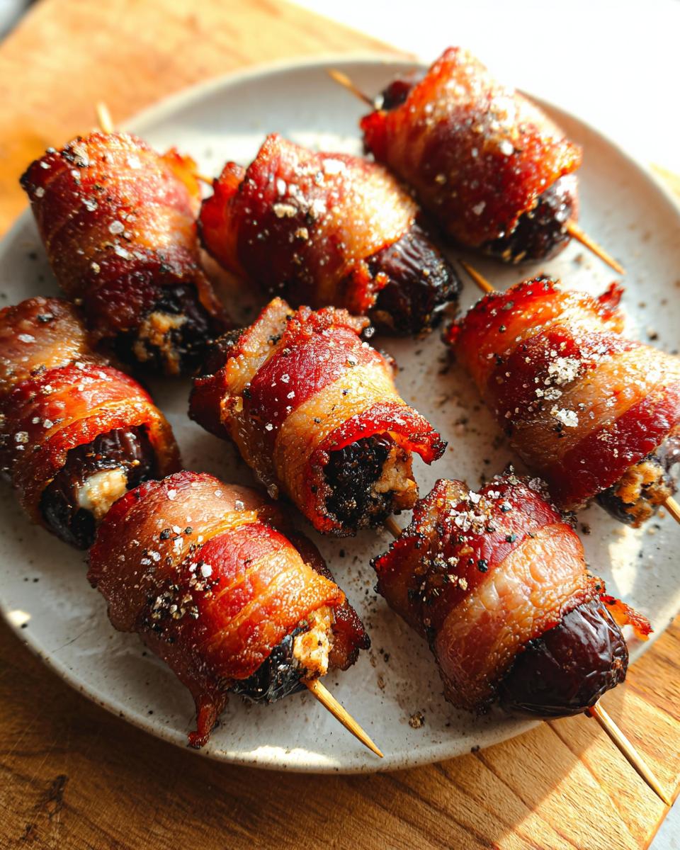 Close-up of several crispy, oven-baked Bacon-Wrapped Dates sprinkled with sea salt on a small plate.
