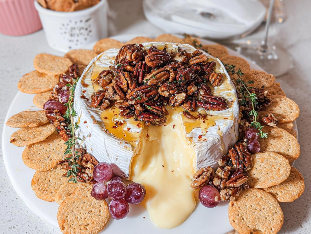A wheel of melted Baked Brie with Honey and Pecans, oozing cheese, surrounded by crackers and grapes.