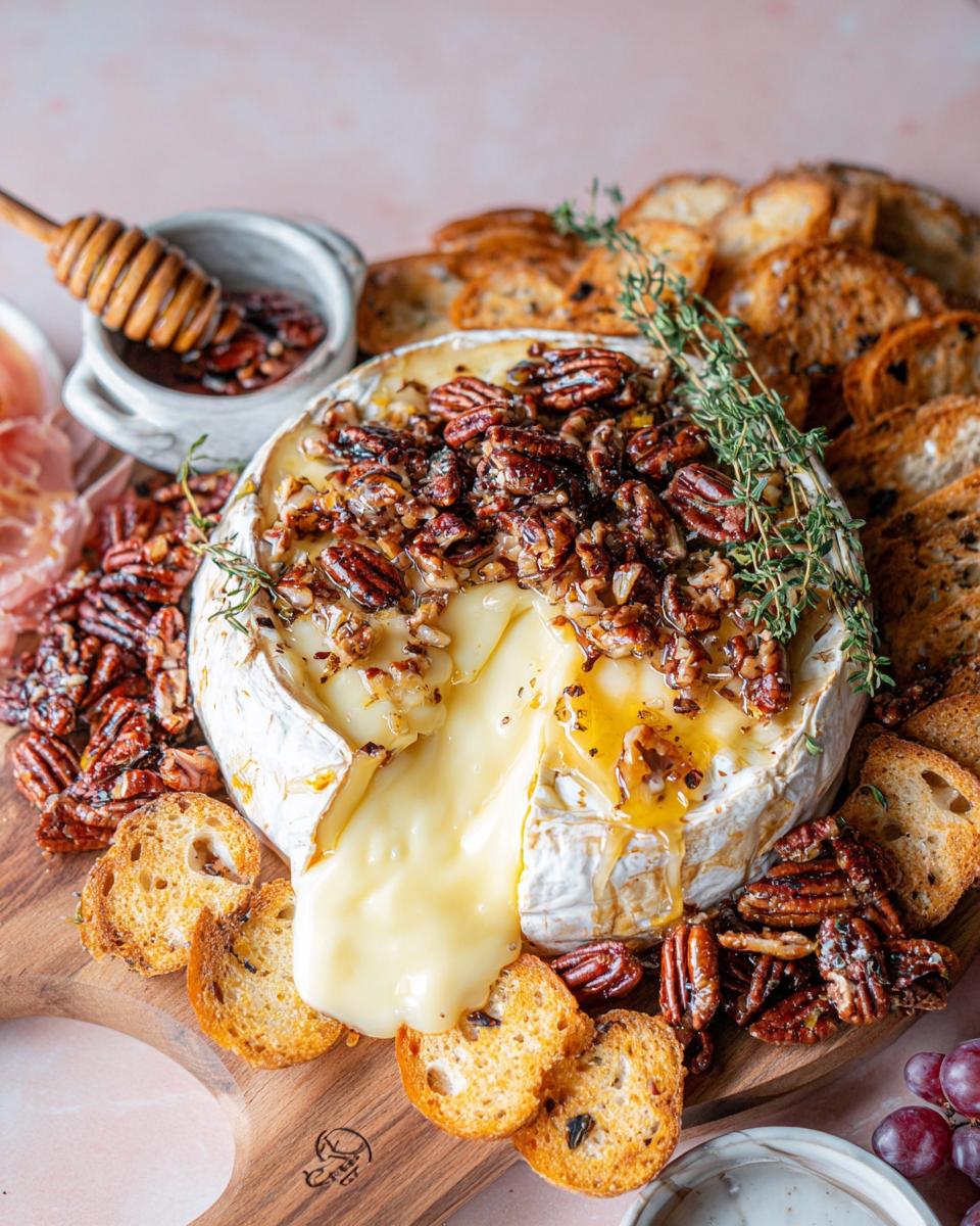 Gooey melted Baked Brie with Honey and Pecans topping, served with toasted baguette slices.