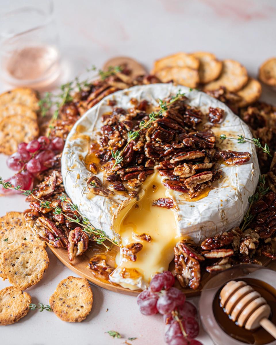 A wheel of melted Baked Brie with Honey and Pecans, oozing cheese, surrounded by crackers and grapes.