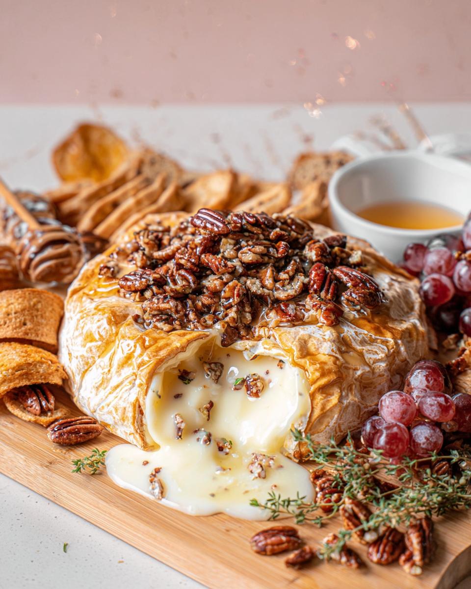 Melted Baked Brie with Honey and Pecans oozing out onto a wooden board, served with crackers and grapes.