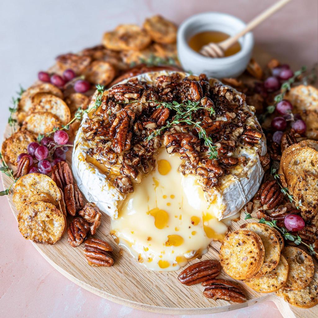 Melted Baked Brie with Honey and Pecans oozing onto a wooden board with crackers and grapes.