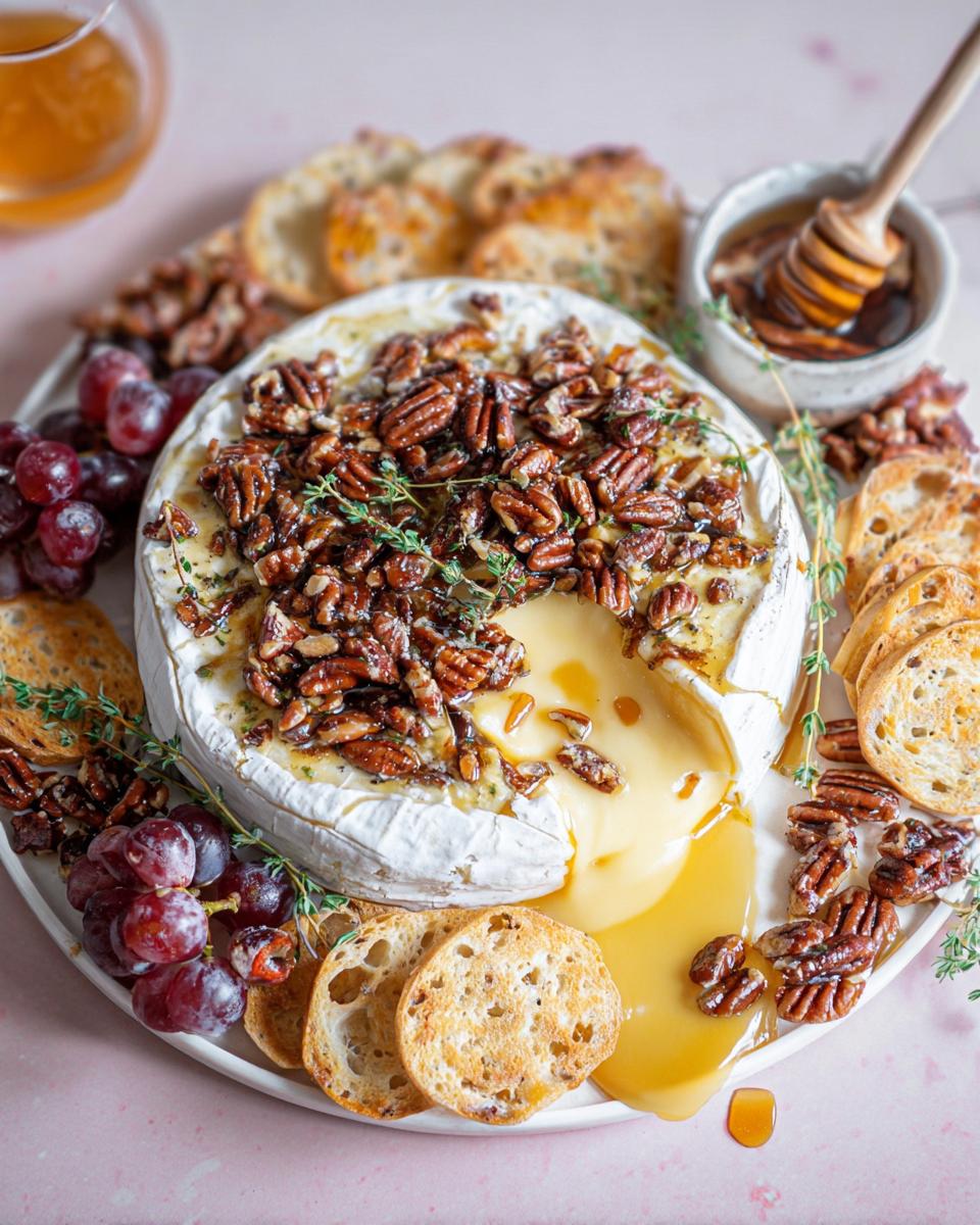 A wheel of Baked Brie with Honey and Pecans oozing onto a platter surrounded by grapes and toasted bread.