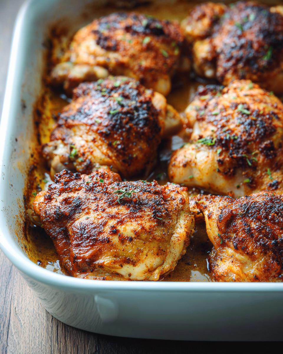 Close-up of a white baking dish filled with perfectly baked, crispy chicken thighs seasoned with spices.