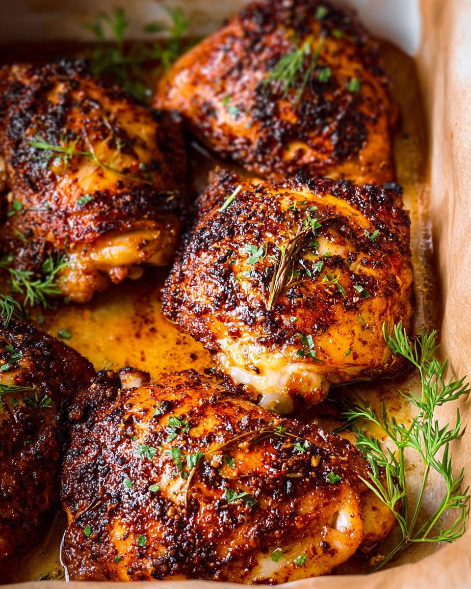 Close-up of perfectly baked chicken thighs with crispy skin, seasoned with herbs and spices.
