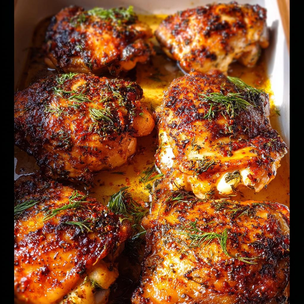 Close-up of perfectly baked chicken thighs, glistening with juices and topped with fresh dill.