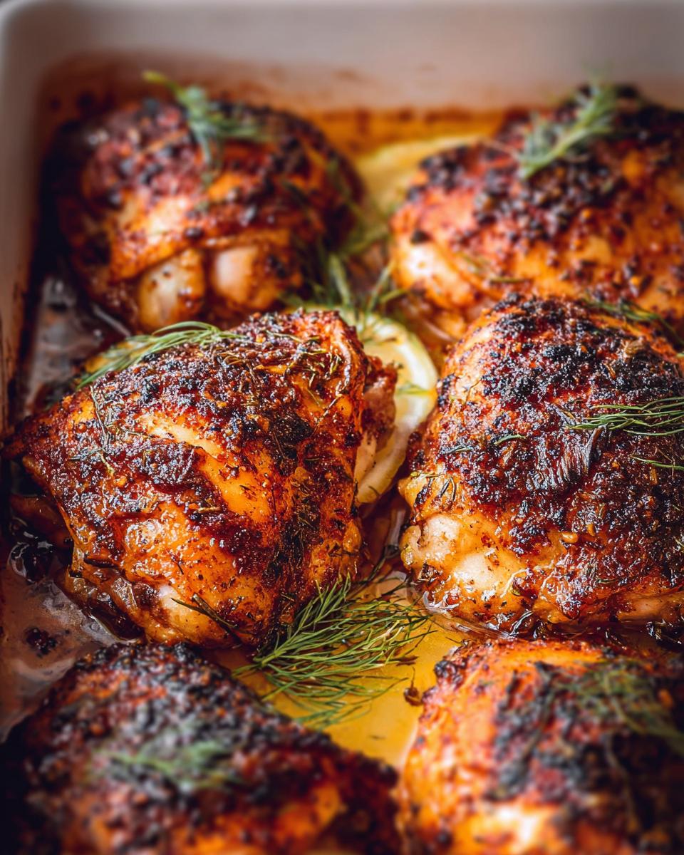 Close-up of perfectly baked chicken thighs with a crispy, seasoned skin, garnished with fresh dill and lemon slices.