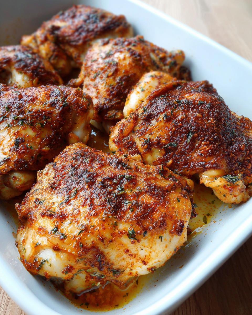 Close-up of juicy baked chicken thighs with a flavorful spice rub in a white baking dish.