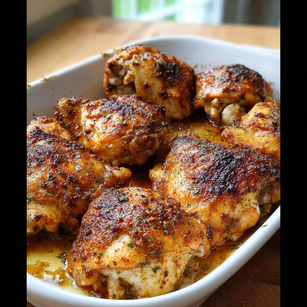 Close-up of perfectly baked chicken thighs in a white dish, seasoned and juicy.