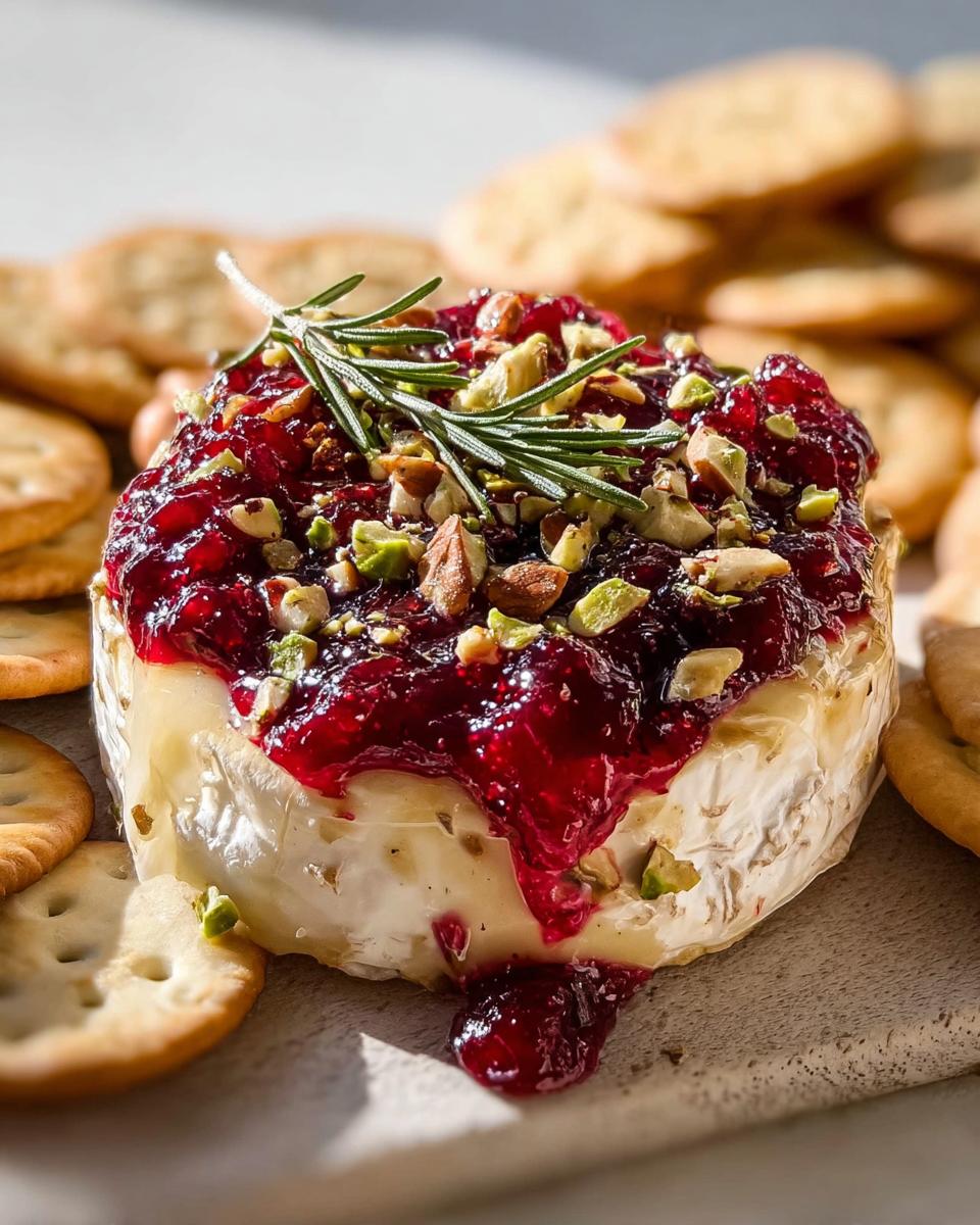 Close-up of baked Cranberry Brie Bites topped with cranberry sauce, chopped nuts, and rosemary.