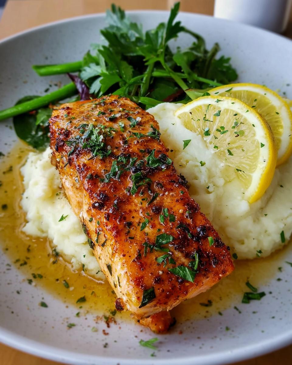 A perfectly cooked fillet of Baked Lemon Garlic Salmon served over mashed potatoes with lemon slices.