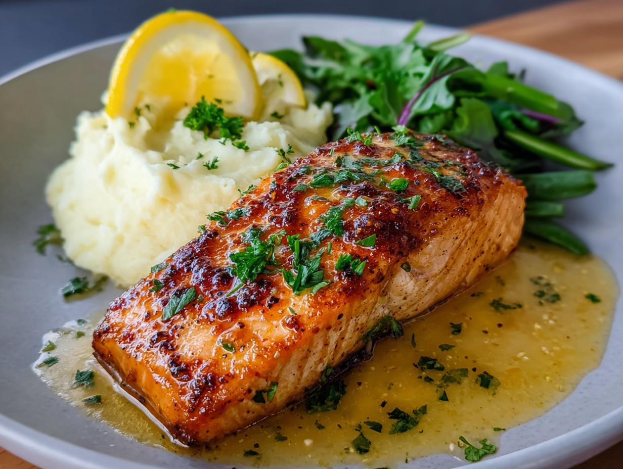 Close-up of a perfectly cooked Baked Lemon Garlic Salmon fillet served with mashed potatoes and greens.