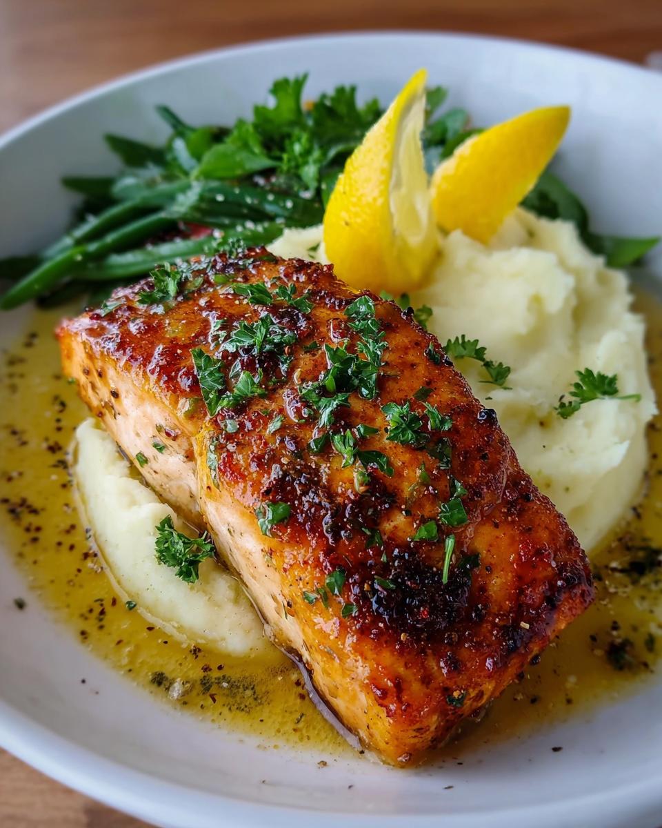 A perfectly cooked fillet of Baked Lemon Garlic Salmon served over mashed potatoes with green beans and lemon wedges.