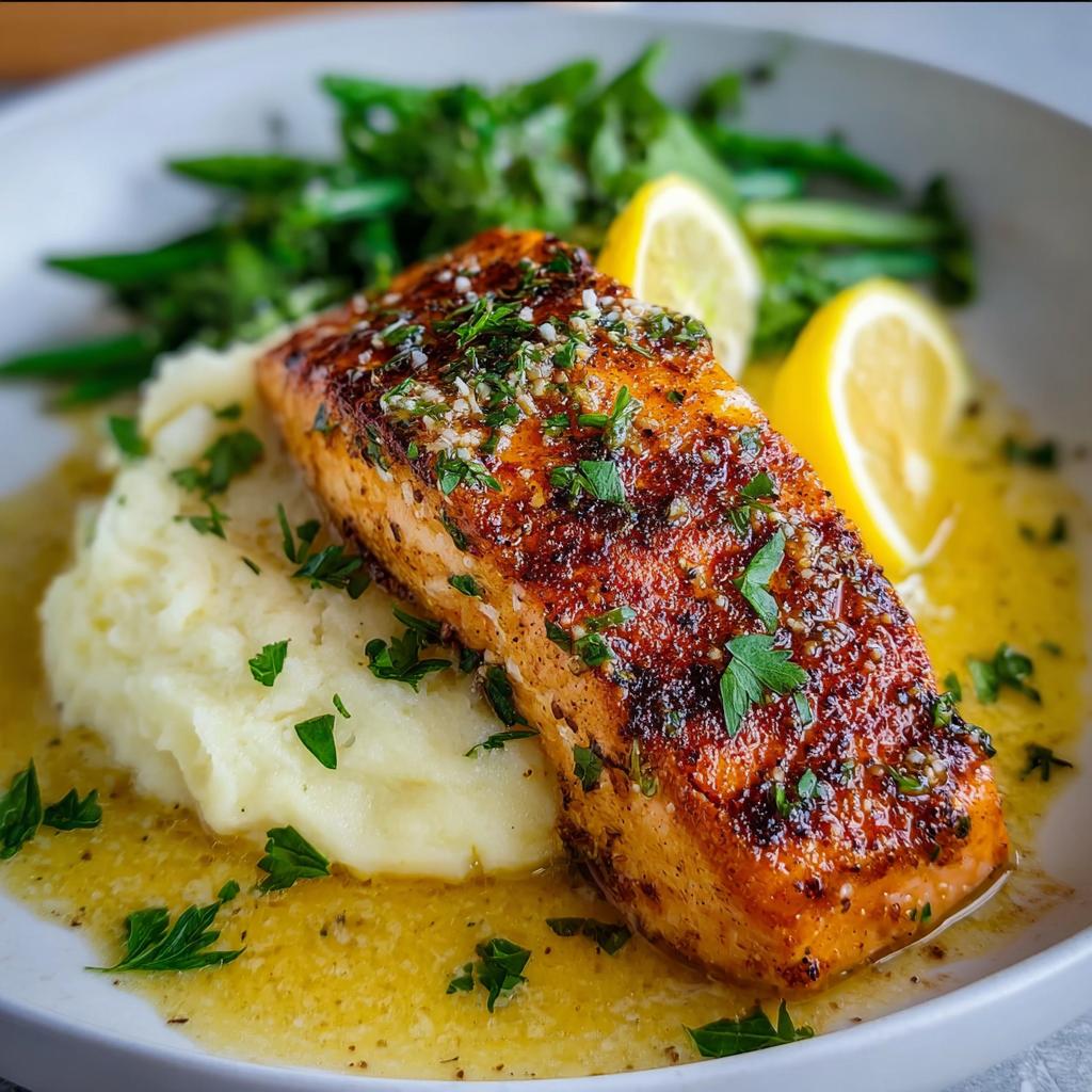 A perfectly cooked piece of Baked Lemon Garlic Salmon resting on mashed potatoes with lemon butter sauce.