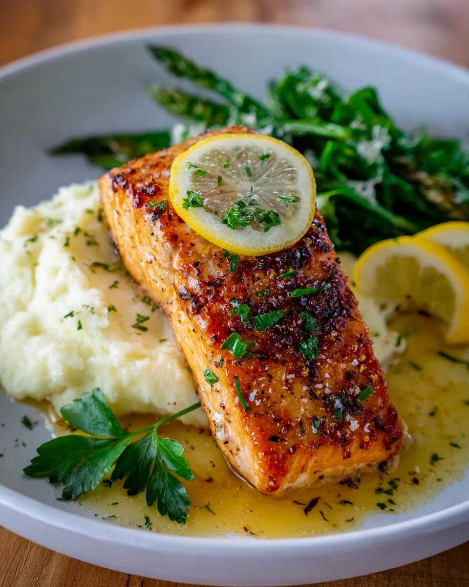 A close-up of a glistening Baked Lemon Garlic Salmon fillet served over mashed potatoes with asparagus.