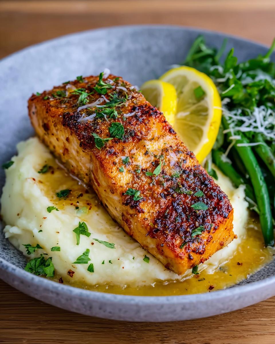 A perfectly cooked fillet of Baked Lemon Garlic Salmon served over mashed potatoes with green beans.
