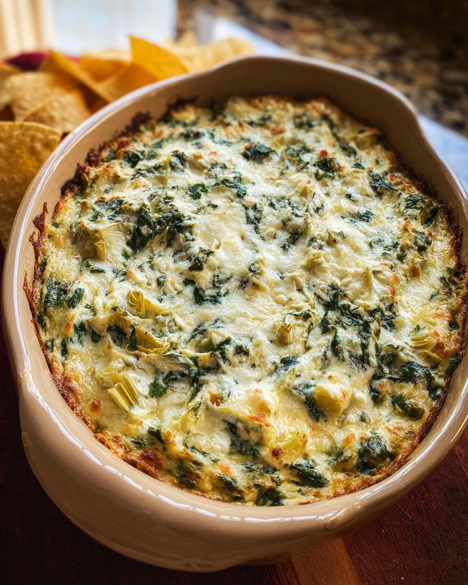 A close-up of hot, bubbly Baked Spinach Artichoke Dip topped with melted cheese, served in a tan baking dish with tortilla chips nearby.