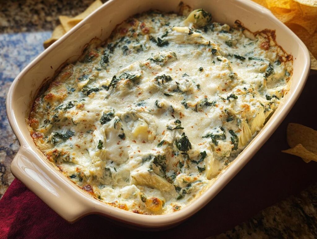 A close-up of hot, cheesy Baked Spinach Artichoke Dip bubbling in a tan ceramic baking dish, served with tortilla chips.