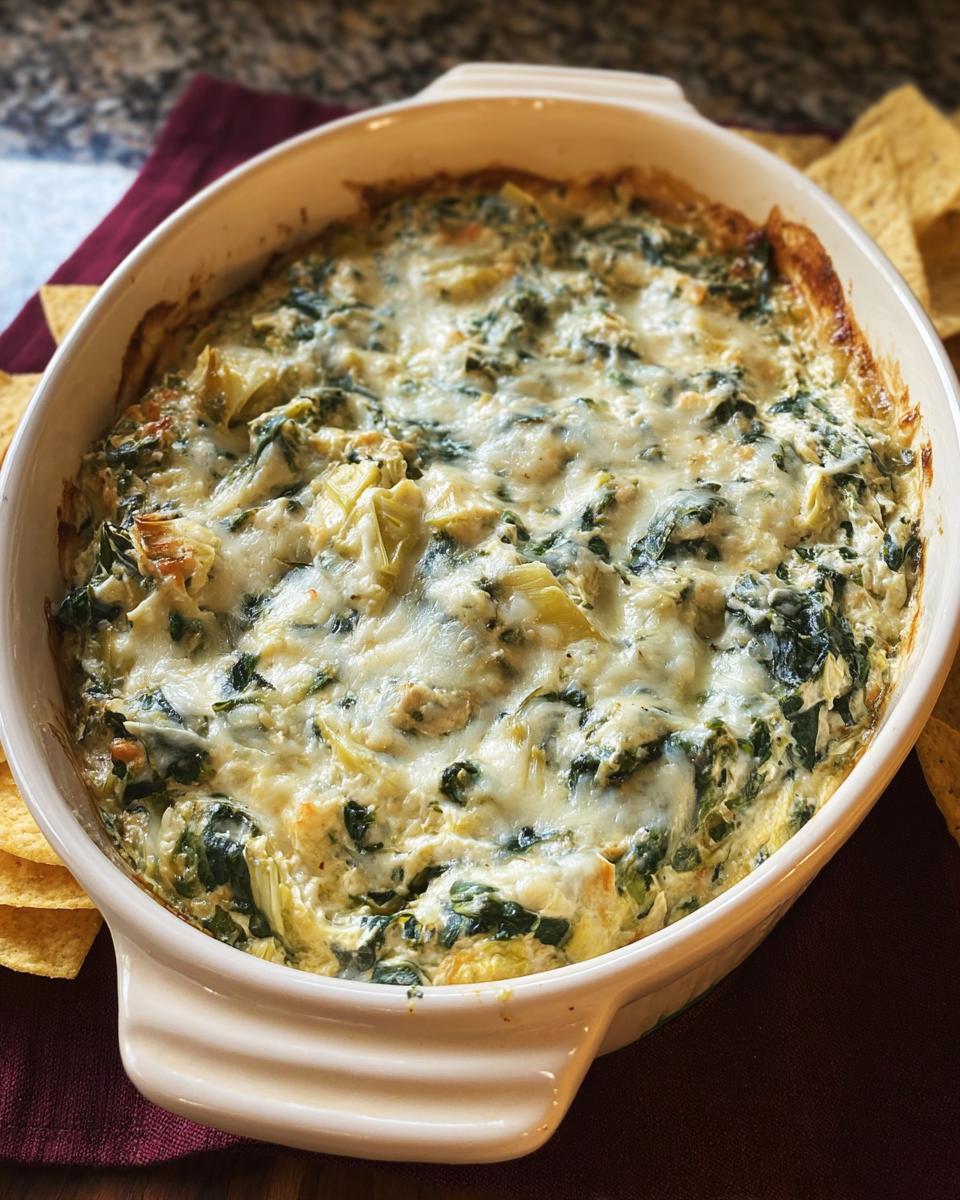 A creamy, cheesy Baked Spinach Artichoke Dip bubbling hot in an oval ceramic dish, ready to serve with tortilla chips.
