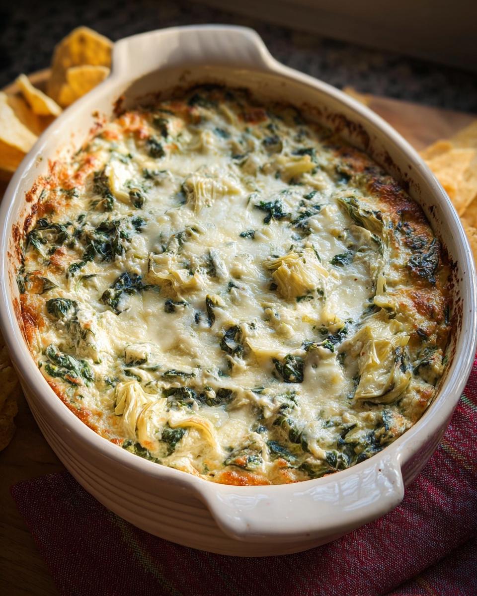 A close-up of hot Baked Spinach Artichoke Dip, creamy and bubbly, served in an oval ceramic dish with tortilla chips nearby.
