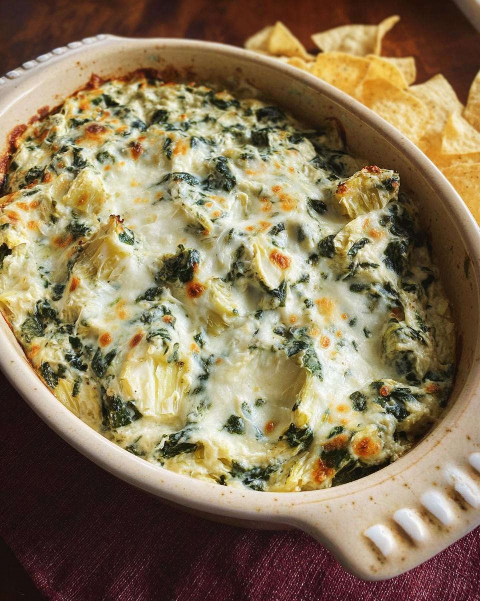 Close-up of hot Baked Spinach Artichoke Dip with melted, bubbly cheese and artichoke chunks in an oval baking dish.