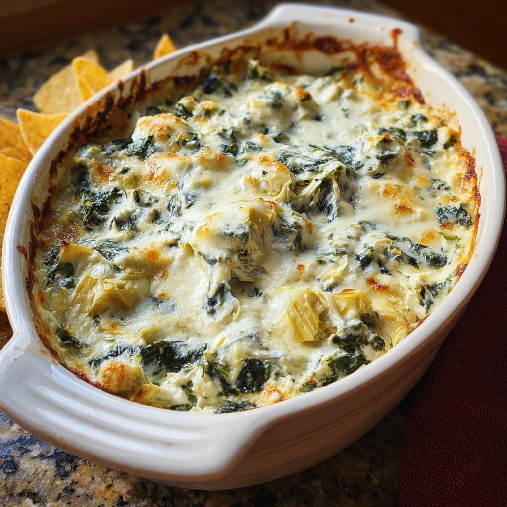 Close-up of hot, cheesy Baked Spinach Artichoke Dip bubbling in a white oval baking dish with tortilla chips nearby.
